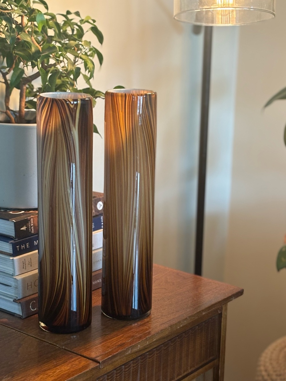 Vintage Glass Vase Pair - Tall Cylinder Accent Vases